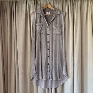 North Shore Mineral Wash Rayon Sleeveless Shirt Dress Medium Gray